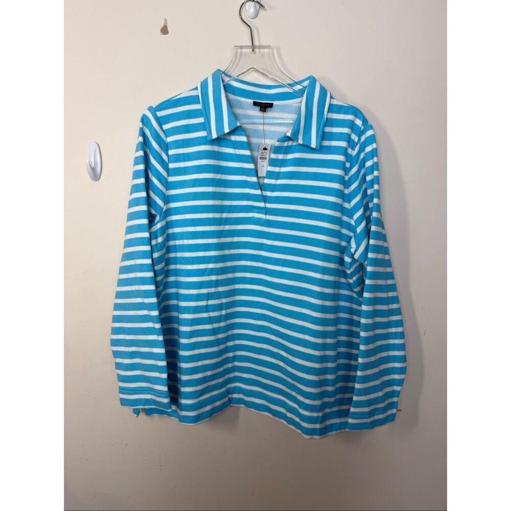 Talbots Turquoise White Striped Collared Popover Top 1X Cotton Blend Preppy Coas